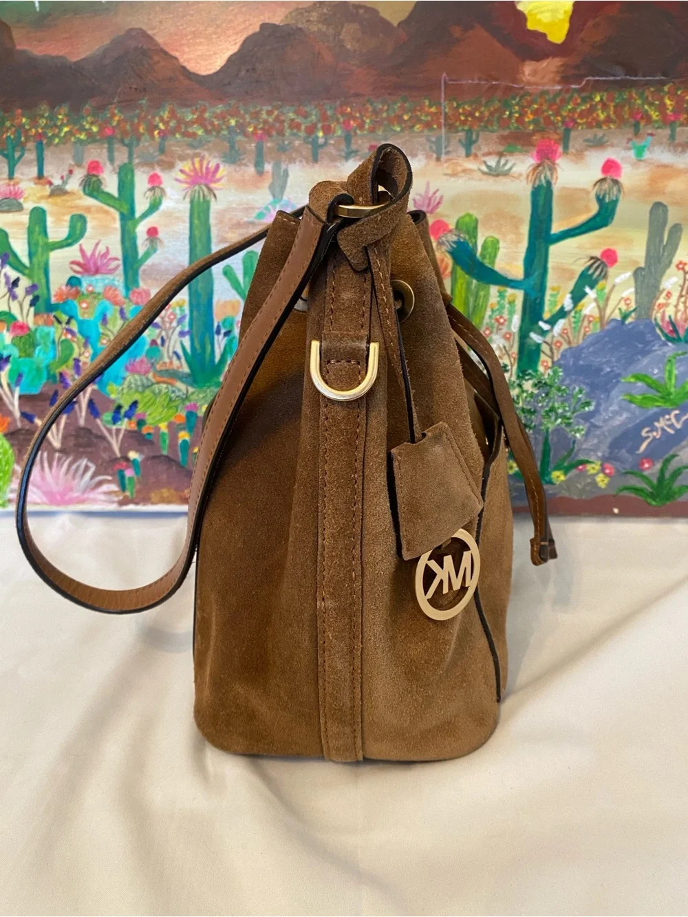 Michael Kors Brown Suede Greenwich Drawstring Hobo Bucket Bag, Med